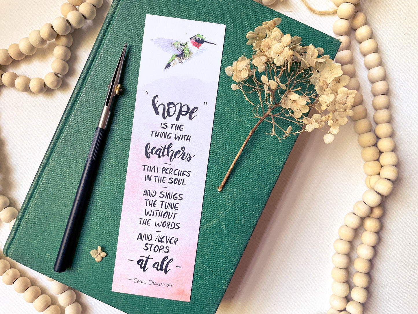 Hope is the thing with feathers | Emily Dickinson poem | Humming Bird bookmark | Hand lettered watercolor art with inspirational quote