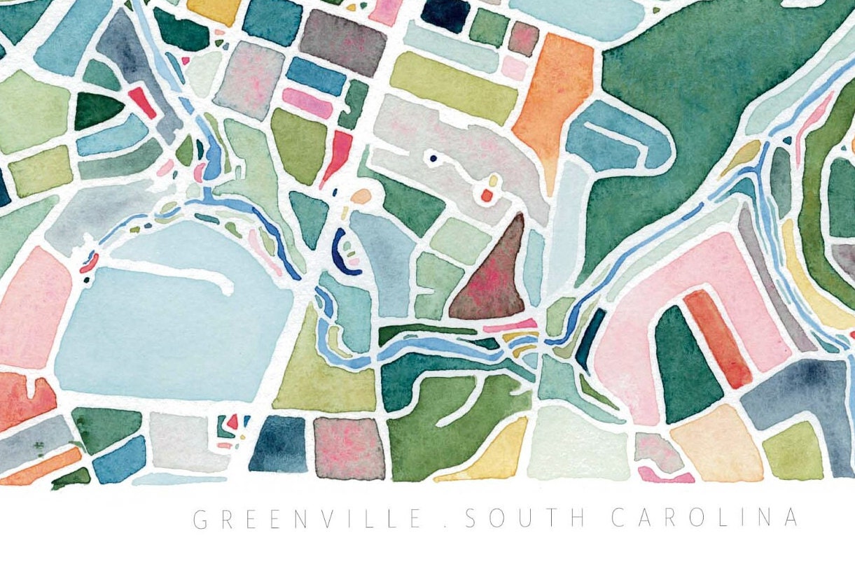 Greenville, SC map | South Carolina watercolor painting | Housewarming gift