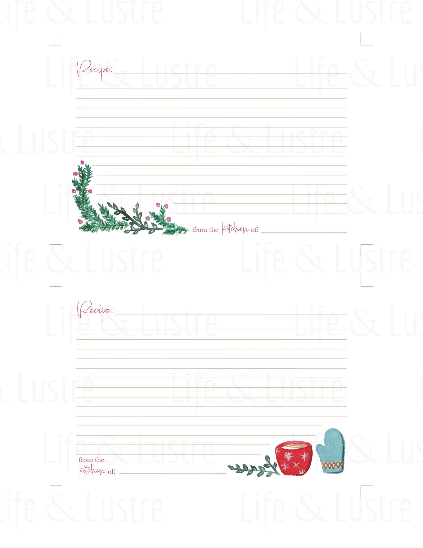 Simple Printable Holiday Recipe Card . Digital Download Baking Notecard . Illustrated Christmas Cookie Index Card
