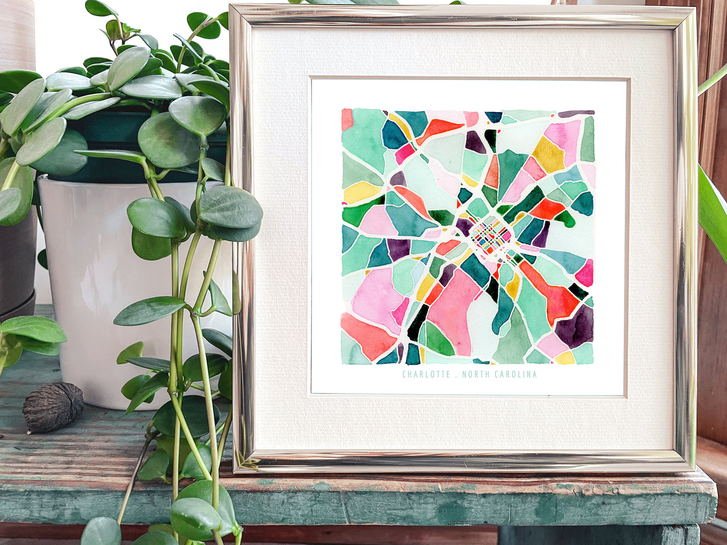 Charlotte, NC map | North Carolina abstract watercolor painting | Colorful housewarming gift