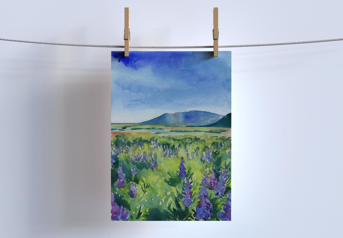 Lupine field in Iceland watercolor print | Field of flowers landscape painting | Hiking and travel art