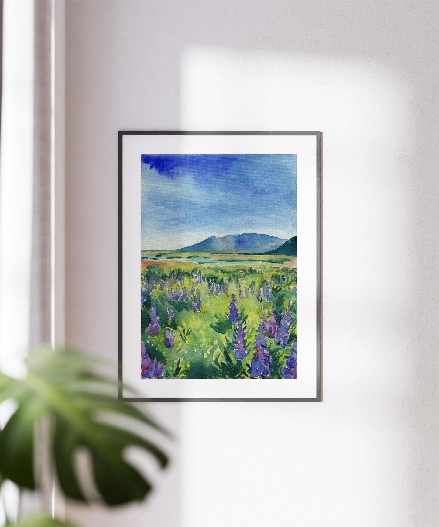 Lupine field in Iceland watercolor print | Field of flowers landscape painting | Hiking and travel art
