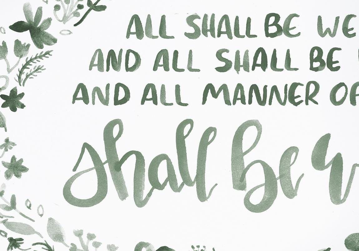 All Shall Be Well: Inspiring Enneagram 9/6 Gift | Handlettered Watercolor Print in Sage Green | Mindful Home Decor