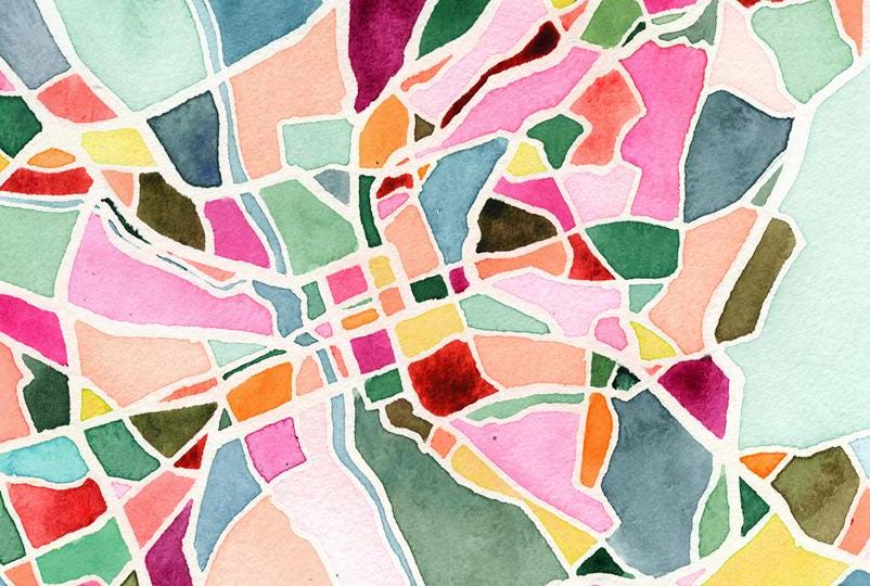 Columbia, SC street map | South Carolina mosaic watercolor painting | Housewarming gift