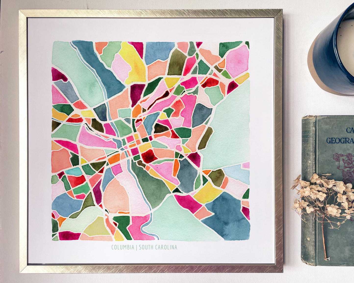 Columbia, SC street map | South Carolina mosaic watercolor painting | Housewarming gift