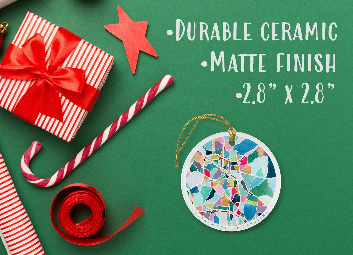 Durham NC Christmas Ornament | Elegant ceramic holiday decoration