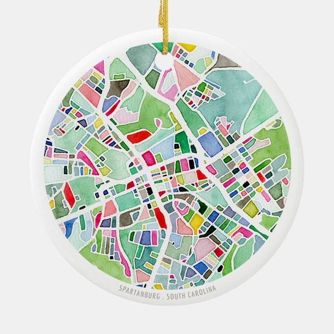 Spartanburg SC Christmas Tree Ornament | South Carolina holiday decoration | Round ceramic ornament