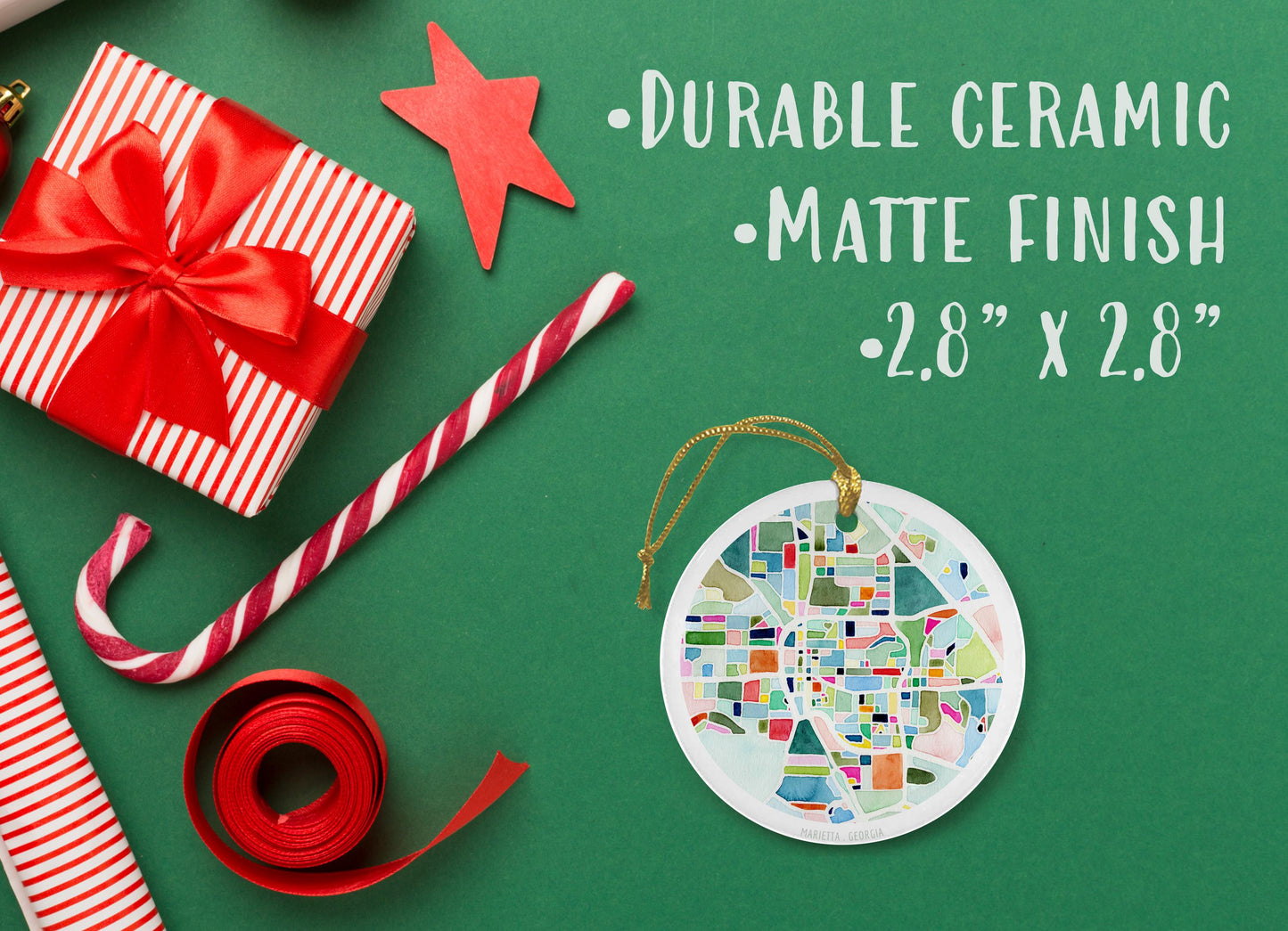 Marietta GA Christmas ornament | Georgia holiday decor | Round ceramic ornament