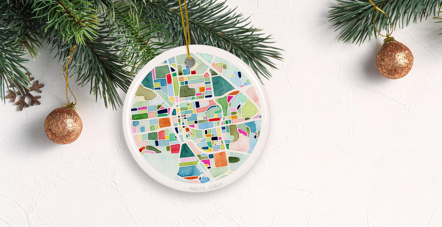 Marietta GA Christmas ornament | Georgia holiday decor | Round ceramic ornament