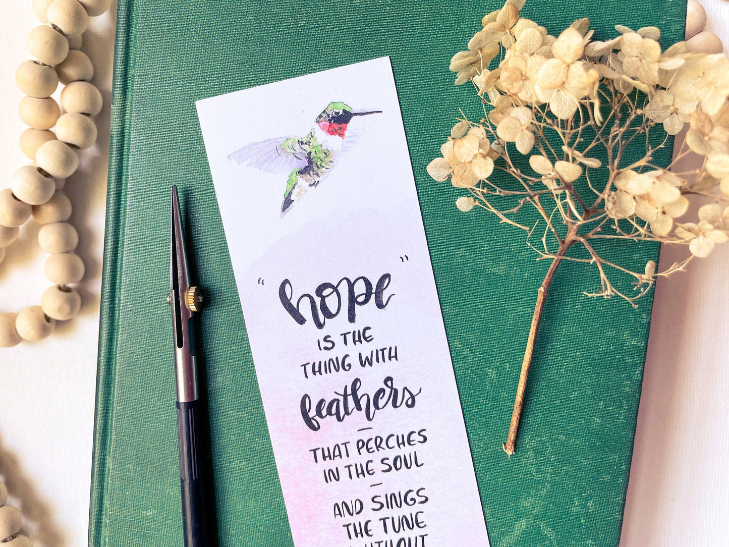 Hope is the thing with feathers | Emily Dickinson poem | Humming Bird bookmark | Hand lettered watercolor art with inspirational quote