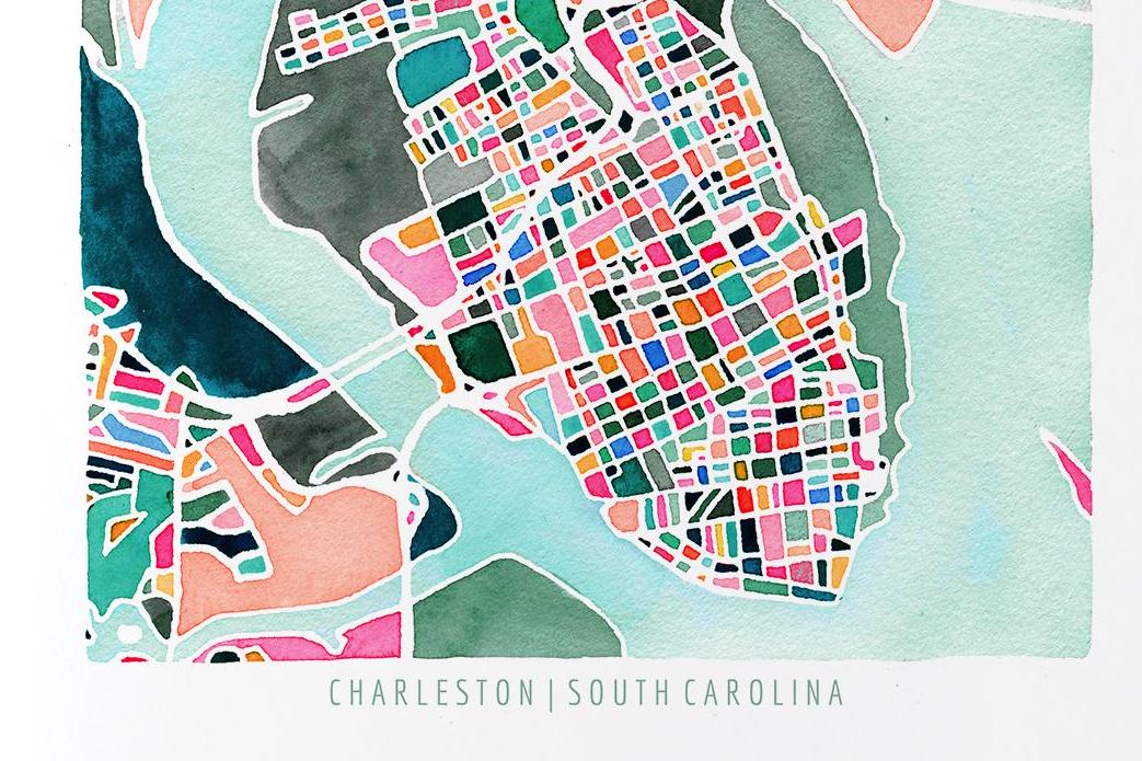 Charleston, SC street map | South Carolina mosaic watercolor painting | Housewarming gift