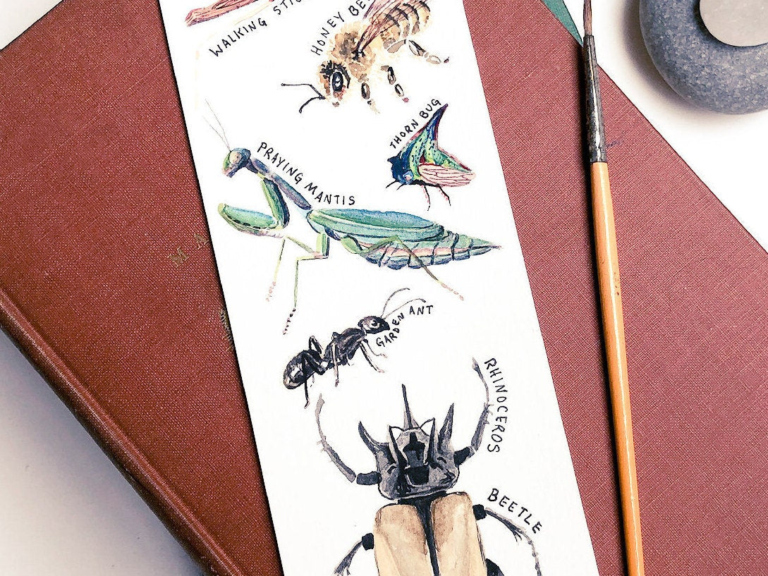 Insects bookmark. Mini bug painting. Field guide and nature art for bookworms. Watercolor bee grasshopper ant beetle ladybug