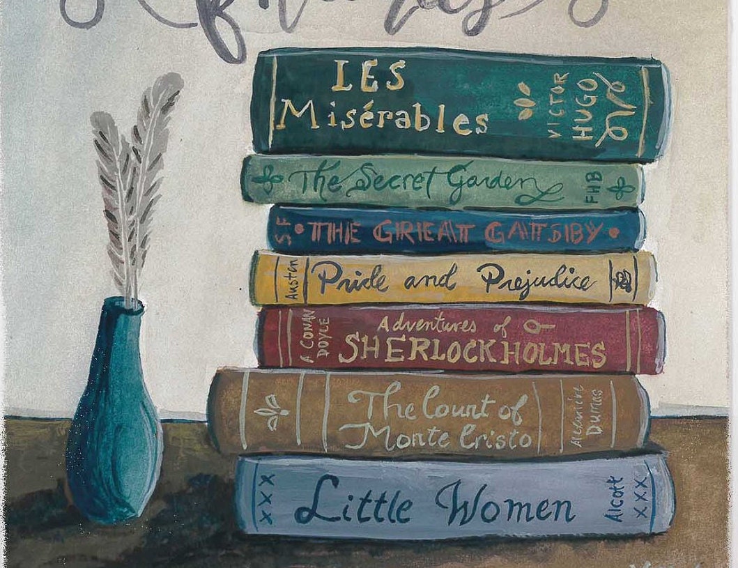 Classic Lit Bookstack painting | Les Miserables watercolor painting | Victor Hugo quote for Enneagram 5