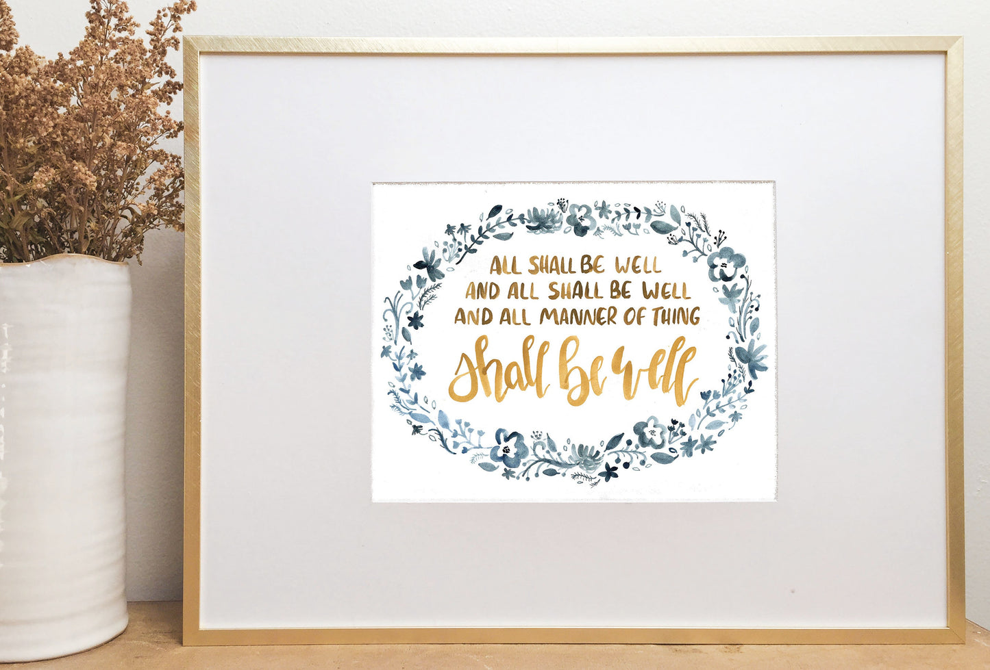 All Shall Be Well: Inspiring Enneagram 9/6 Gift | Handlettered Watercolor Print in Navy Blue and Gold | Mindful Home Decor