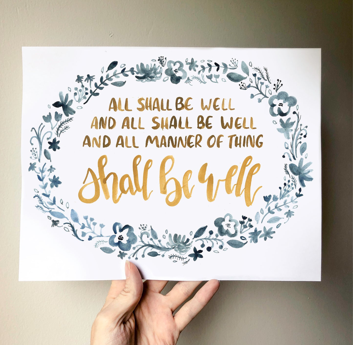 All Shall Be Well: Inspiring Enneagram 9/6 Gift | Handlettered Watercolor Print in Navy Blue and Gold | Mindful Home Decor