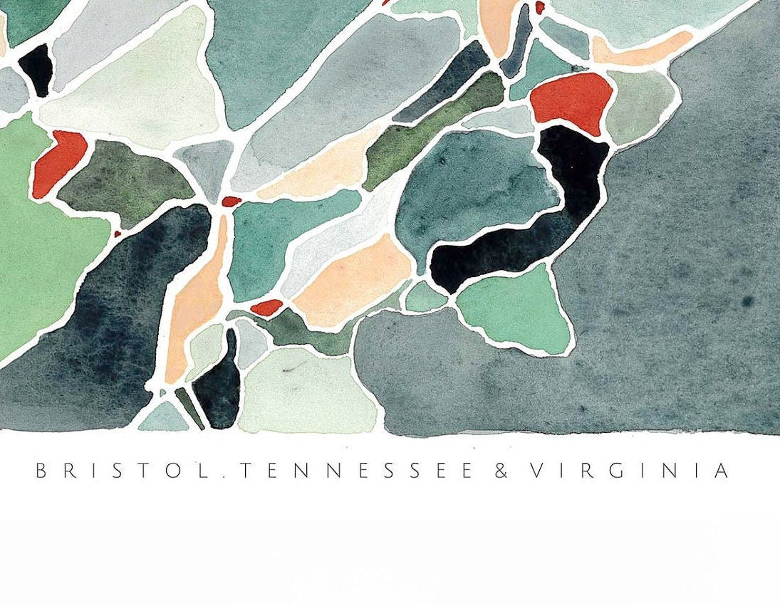 Bristol, TN & VA map illustration . Tennessee Virginia watercolor painting . Love where you live home decor . Abstract map housewarming gift