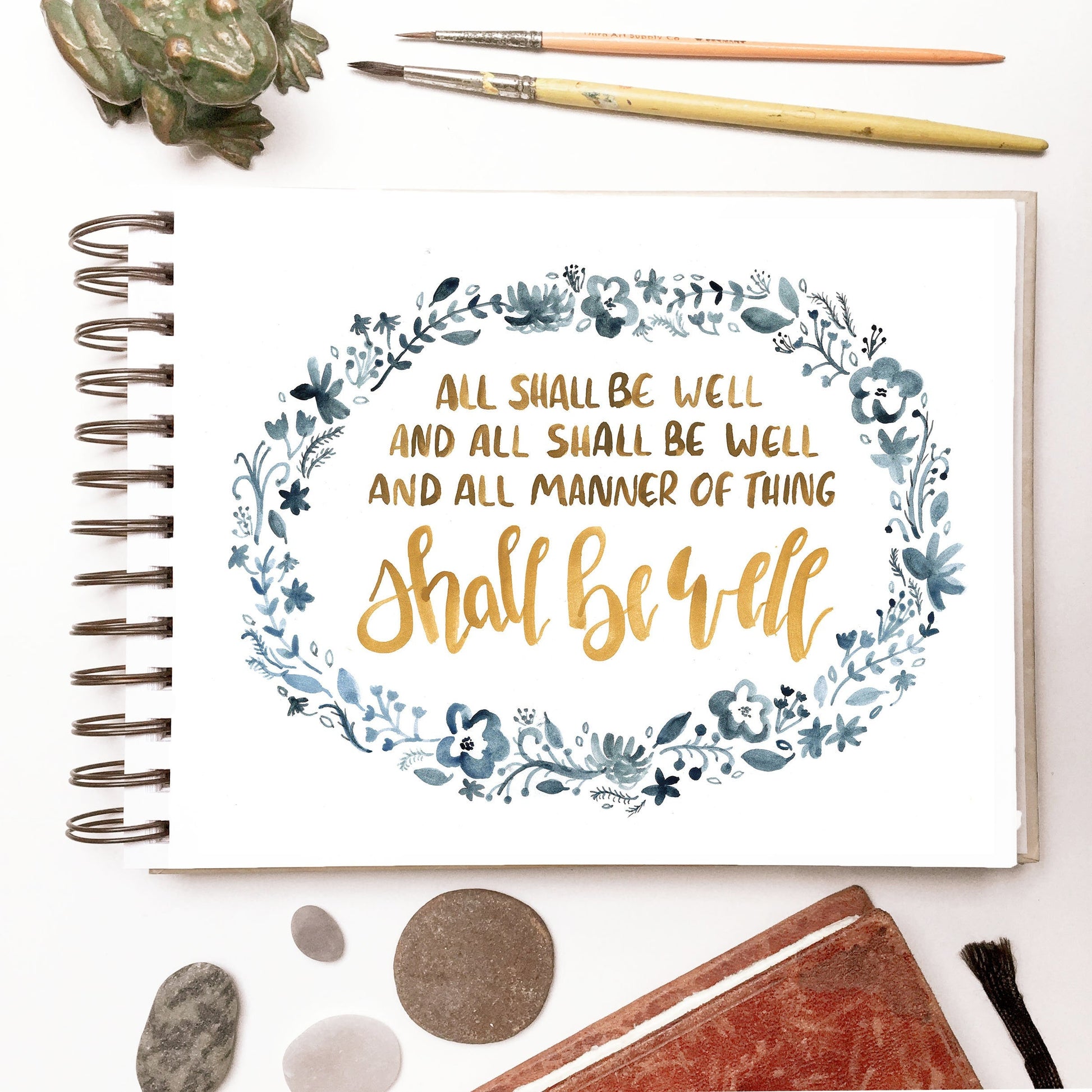 All Shall Be Well: Inspiring Enneagram 9/6 Gift | Handlettered Watercolor Print in Navy Blue and Gold | Mindful Home Decor