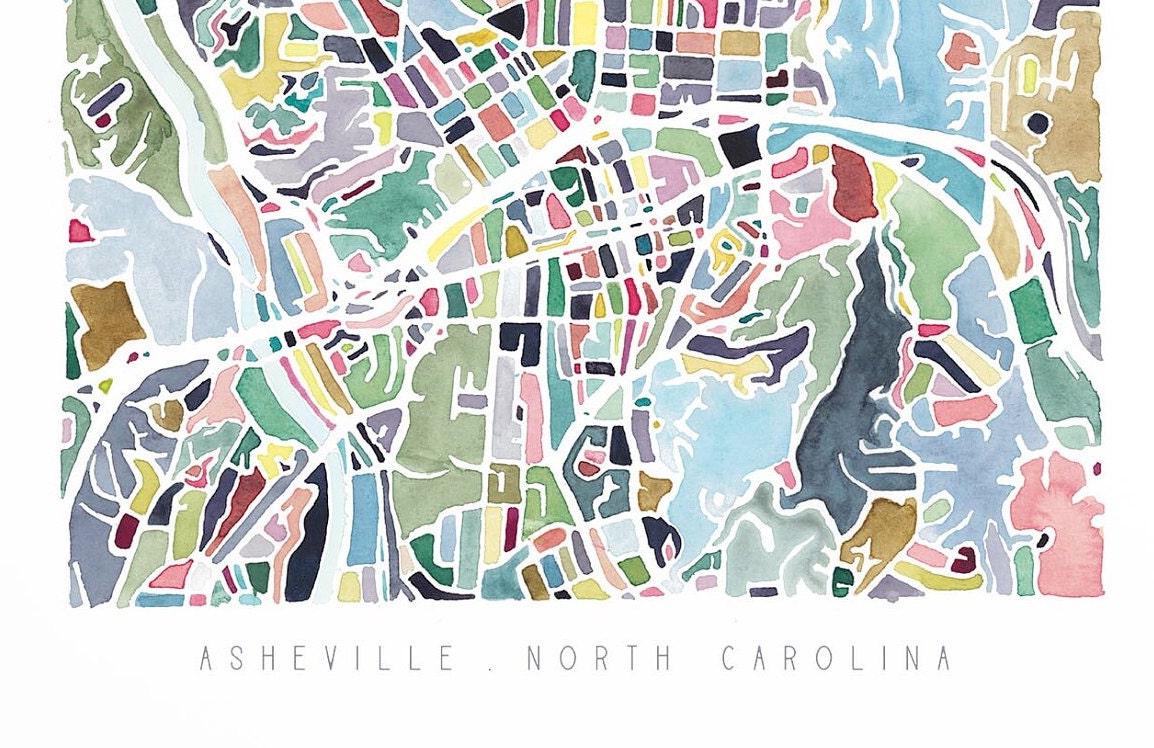 Asheville, NC, city map | North Carolina abstract wall art | Southern watercolor painting