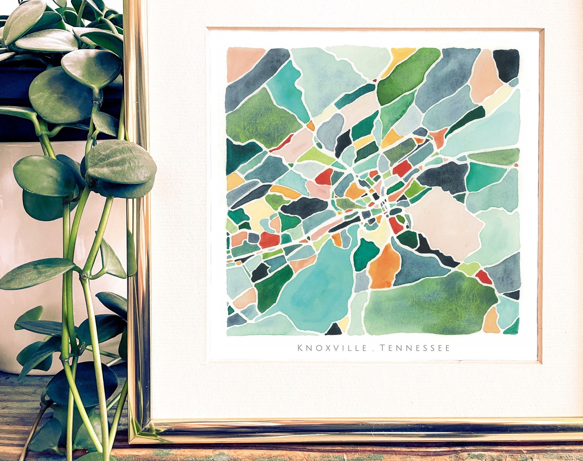 A square colorful map in a gold frame beside a trailing succulent.