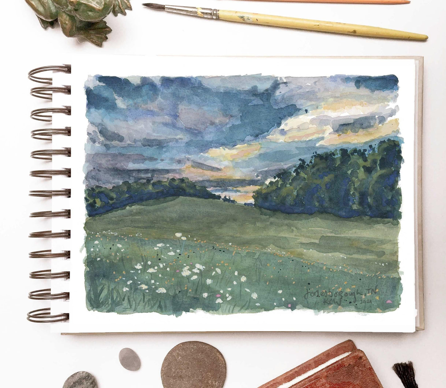 Tennessee sunset watercolor | Wildflower landscape painting | Field view