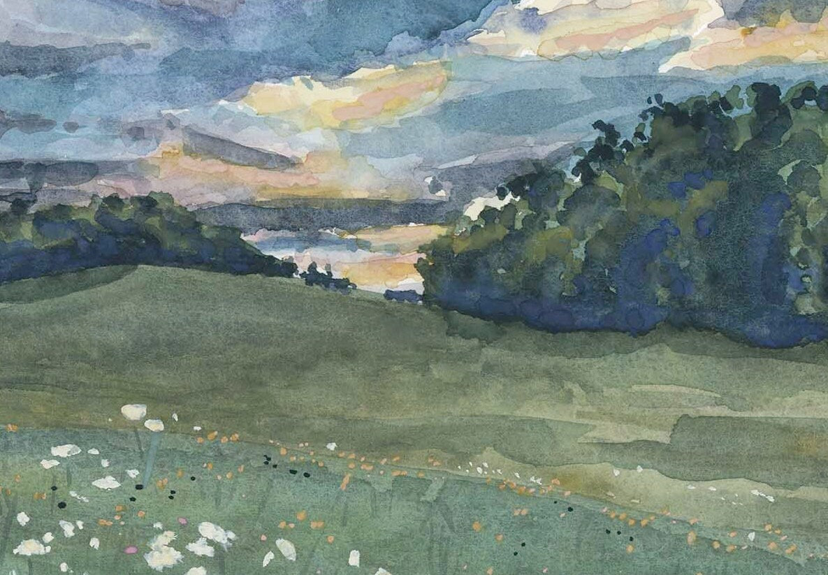 Tennessee sunset watercolor | Wildflower landscape painting | Field view