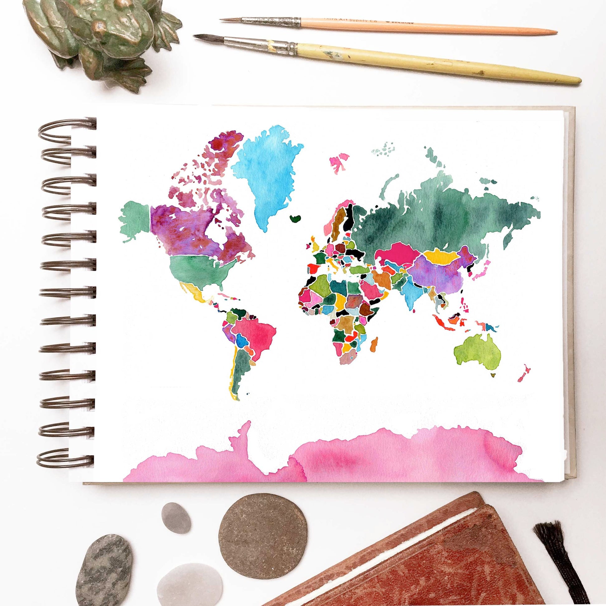 World Map watercolor art | Colorful countries and continents | Geography painting