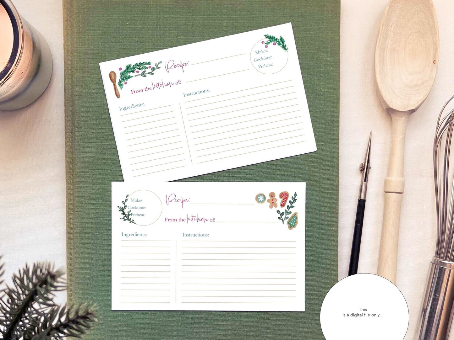 Printable Holiday Recipe Card . Digital Download Baking Notecard . Illustrated Christmas Cookie Index Card