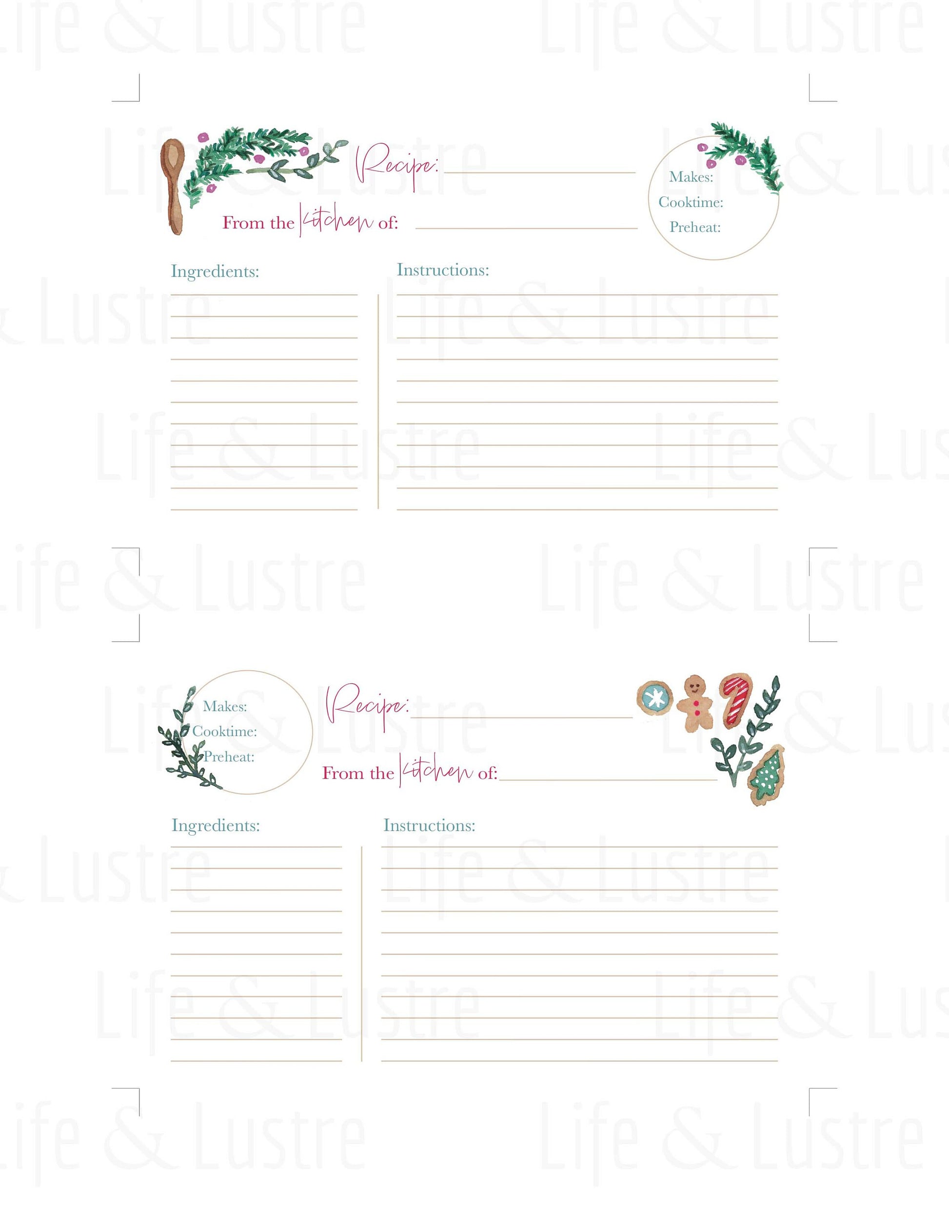 Printable Holiday Recipe Card . Digital Download Baking Notecard . Illustrated Christmas Cookie Index Card