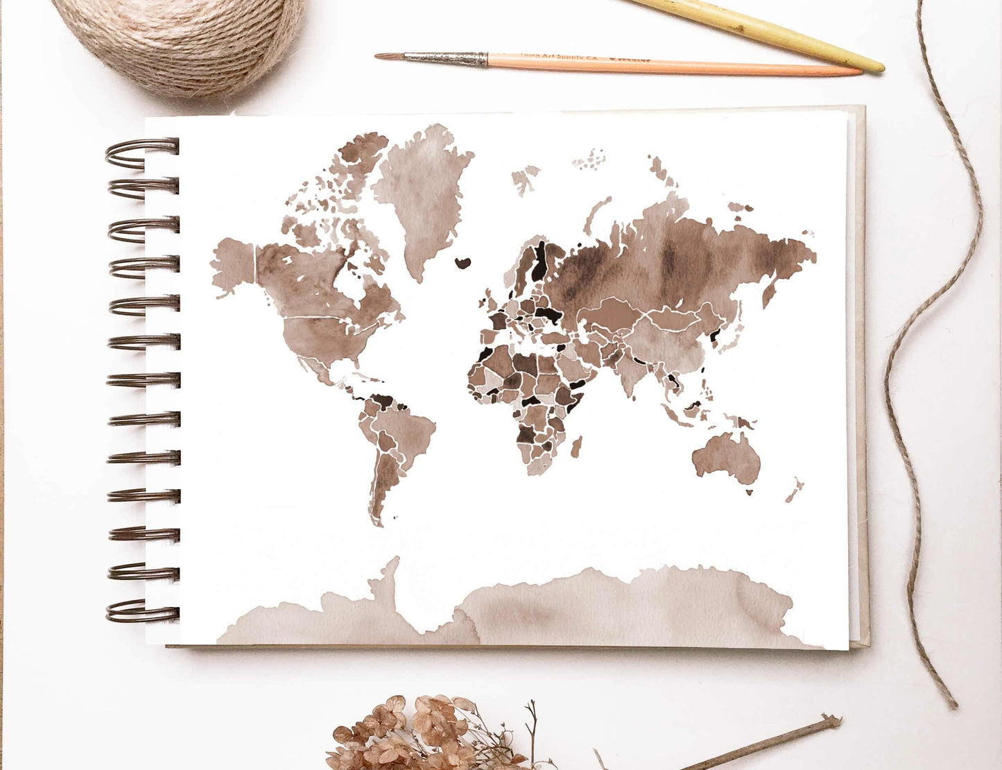 Boho World Map | Warm neutral colored map of countries and continents | Muted watercolor geography painting