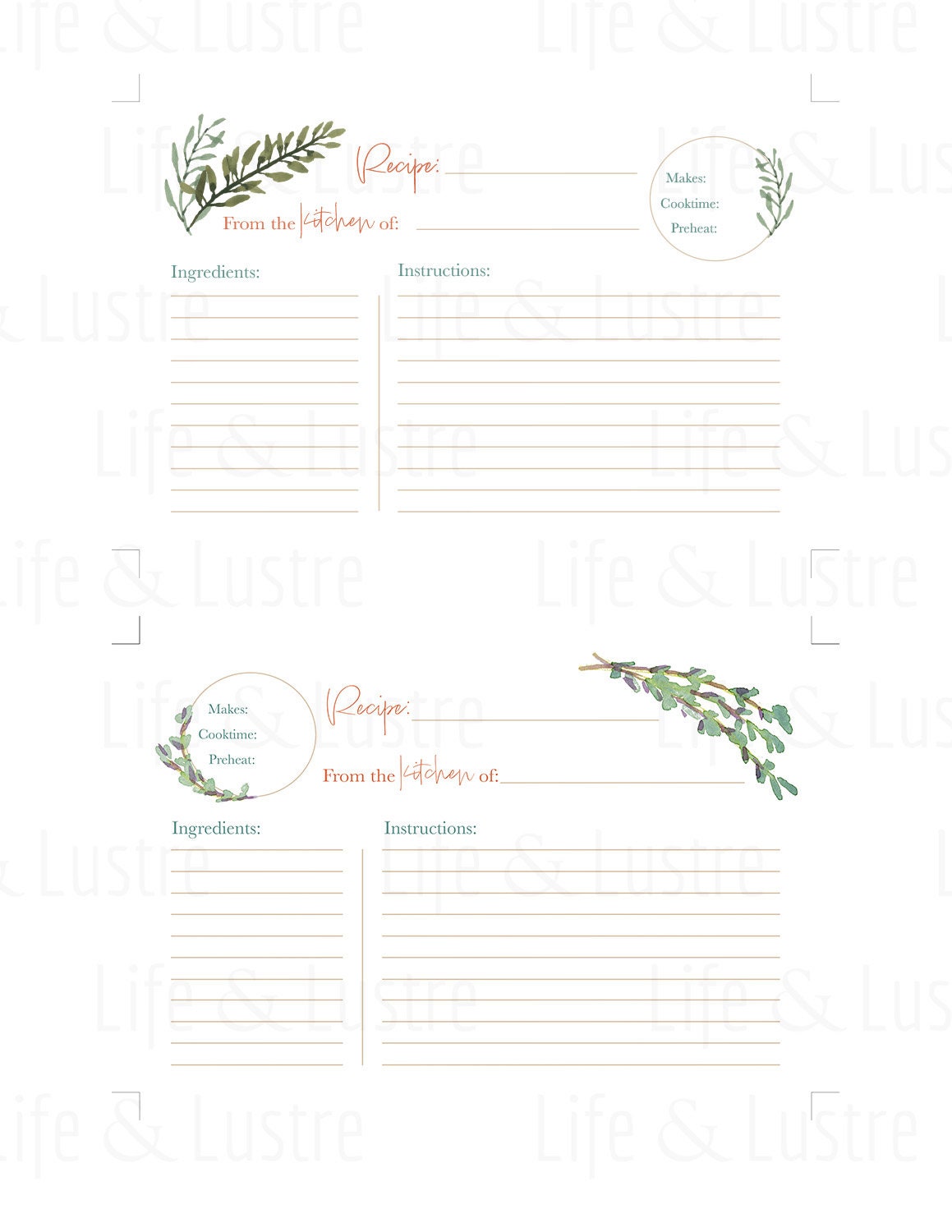 Printable Thyme & Olive Leaf Recipe Card . Simple Digital Download . Botanical Baking Notecard . Watercolor Herbs Index Card for Cooks