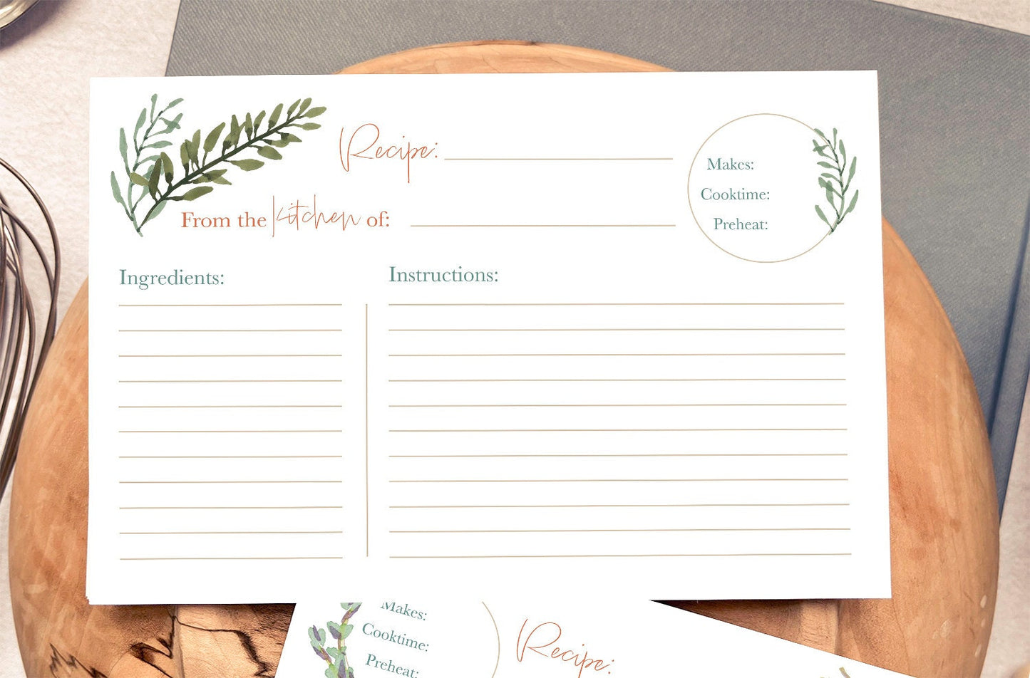 Printable Thyme & Olive Leaf Recipe Card . Simple Digital Download . Botanical Baking Notecard . Watercolor Herbs Index Card for Cooks