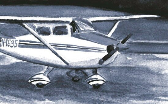 Monochrome Cessna Airplane Watercolor Print. Air & space illustrated picture. Sky themed home decor. Painted wall art for kids room nursery