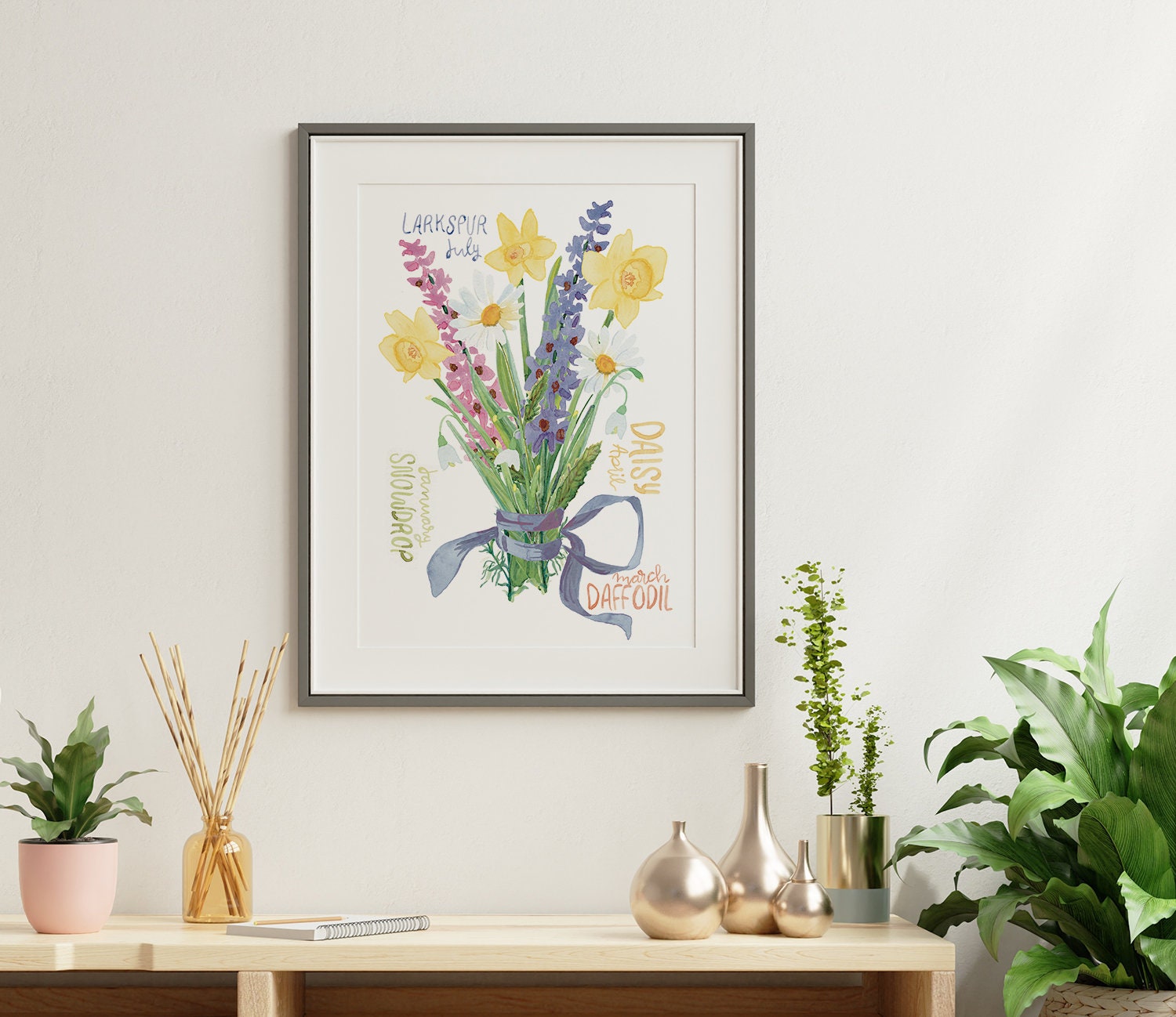 Bespoke Birth Flower Bouquet tied with a Ribbon | Grandma's Garden Watercolor Print | Unique Mother’s Day Floral Arrangement