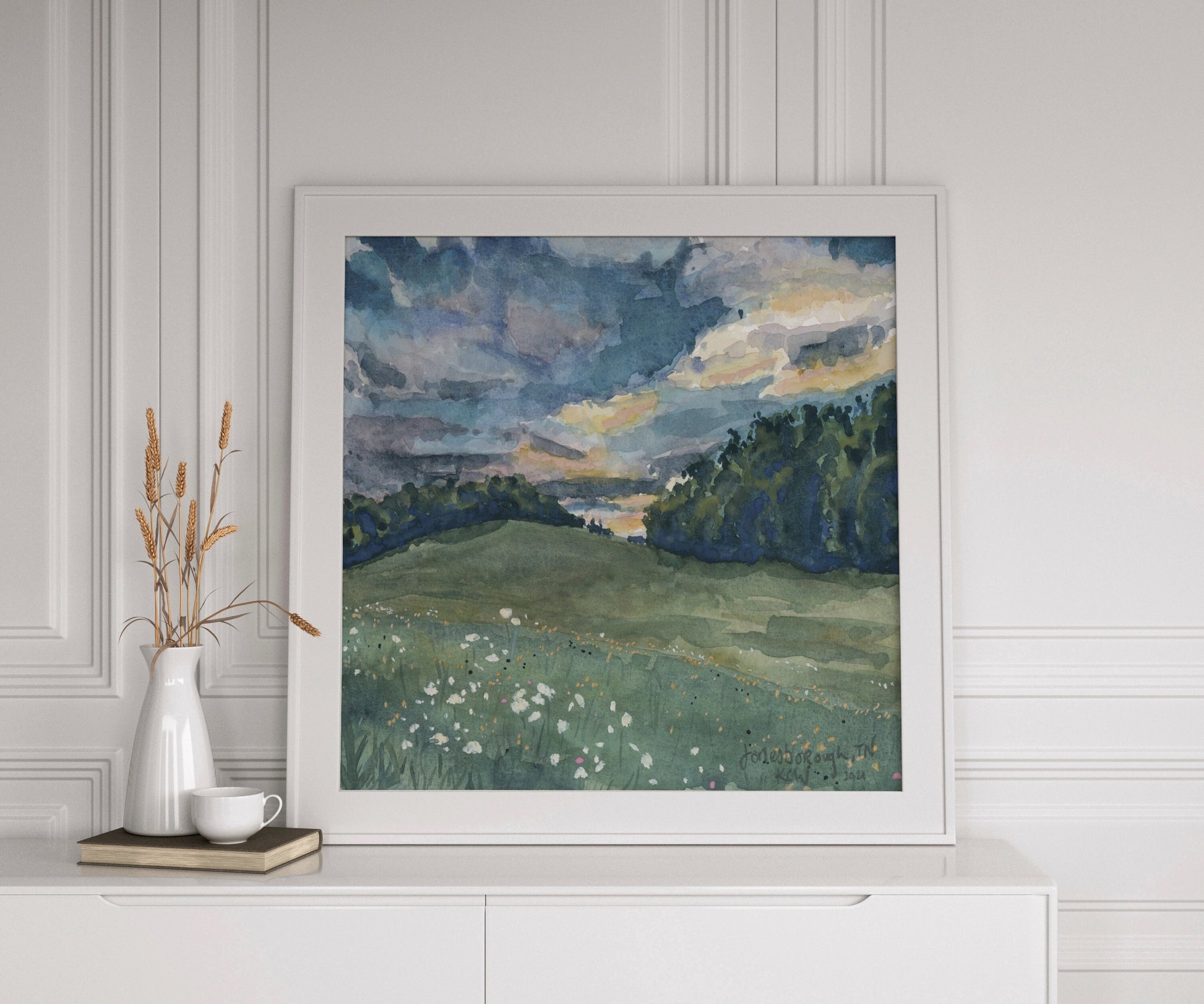 Tennessee sunset watercolor | Wildflower landscape painting | Field view