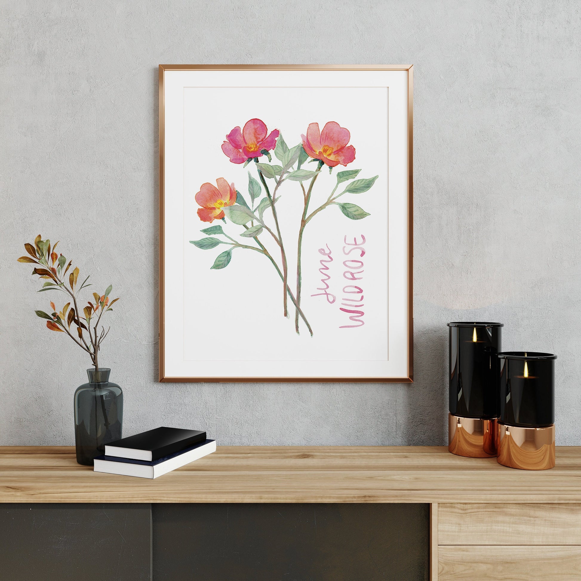 Wild rose birth flower simple watercolor print | June birthday month art | Mother's Day gift for her