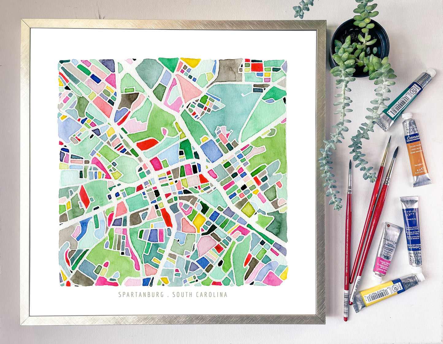 Spartanburg, SC map | South Carolina watercolor painting | Housewarming gift