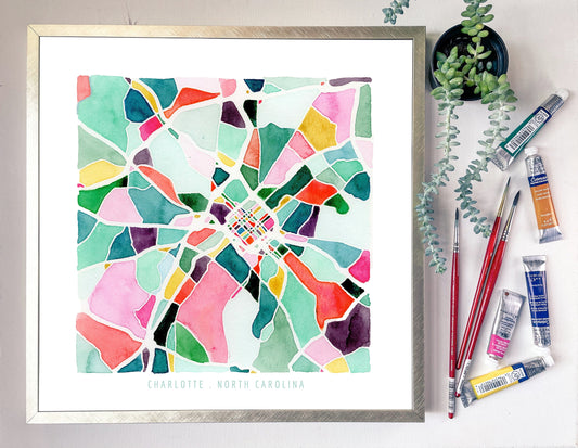 Charlotte, NC map | North Carolina abstract watercolor painting | Colorful housewarming gift