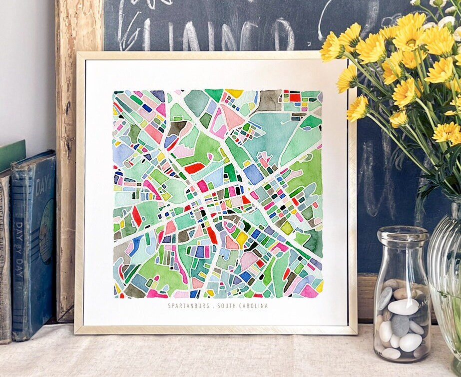 Spartanburg, SC map | South Carolina watercolor painting | Housewarming gift