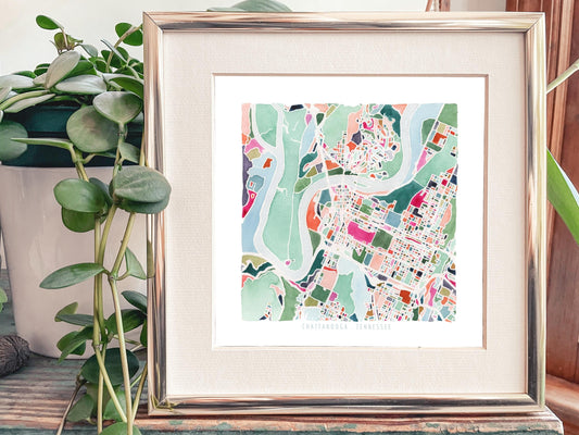 Chattanooga, TN map | Tennessee abstract watercolor painting | Maximalist housewarming gift