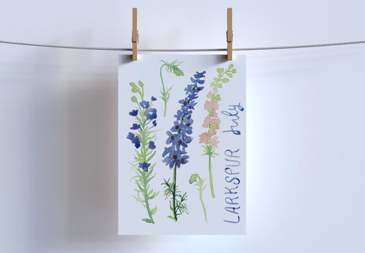 Larkspur birth flower simple watercolor print | July birthday month art | Mother's Day gift for her