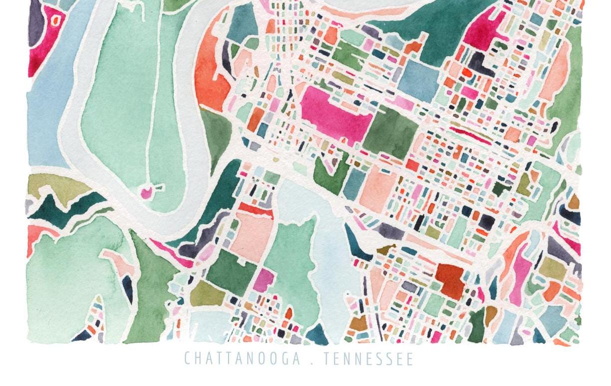 Chattanooga, TN map | Tennessee abstract watercolor painting | Maximalist housewarming gift