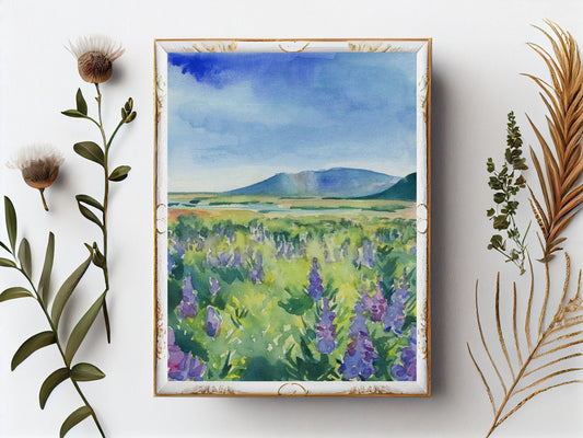 Lupine field in Iceland watercolor print | Field of flowers landscape painting | Hiking and travel art