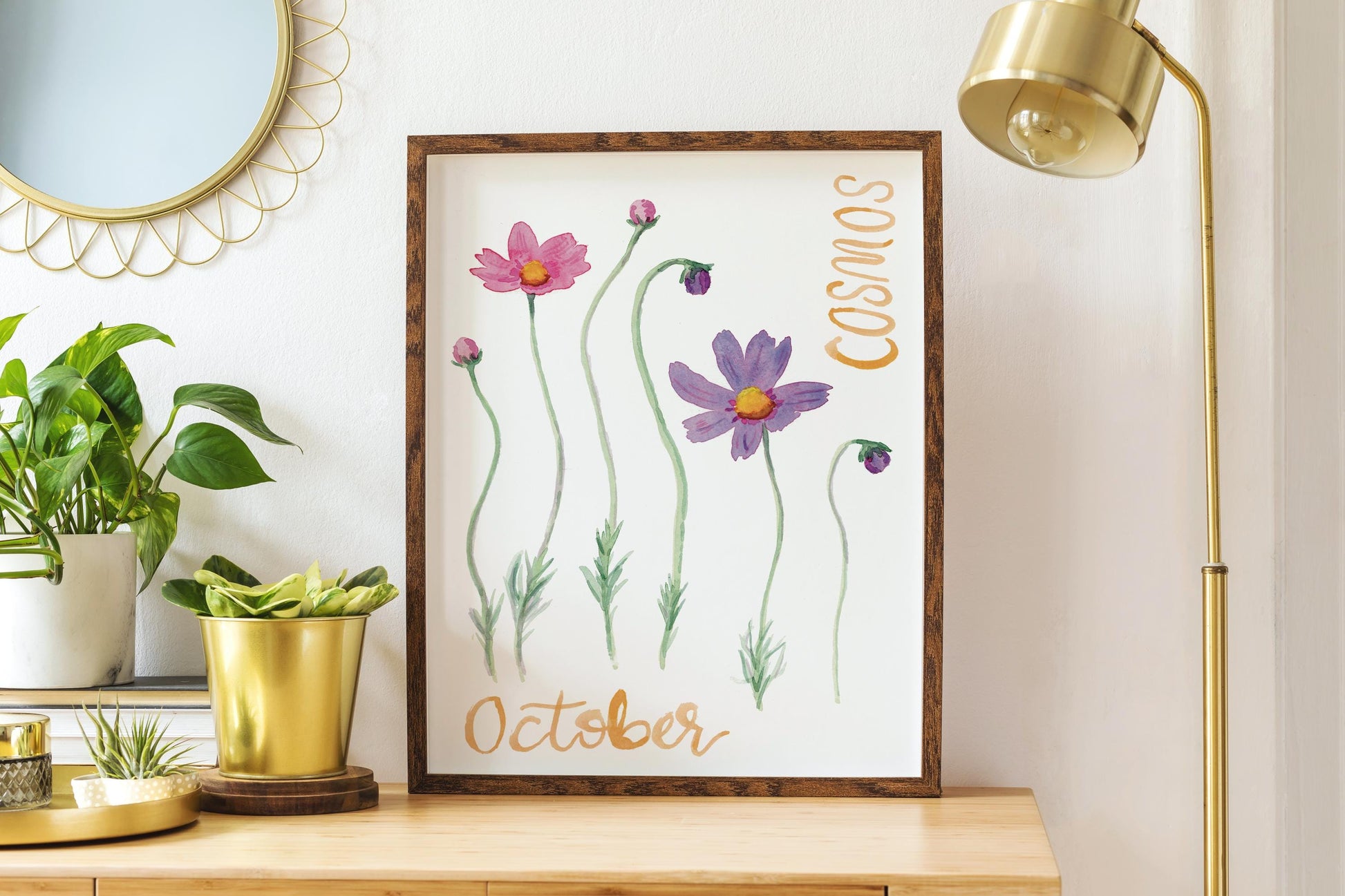 Cosmos birth flower simple watercolor print | October birthday month art | Mother's Day gift for her