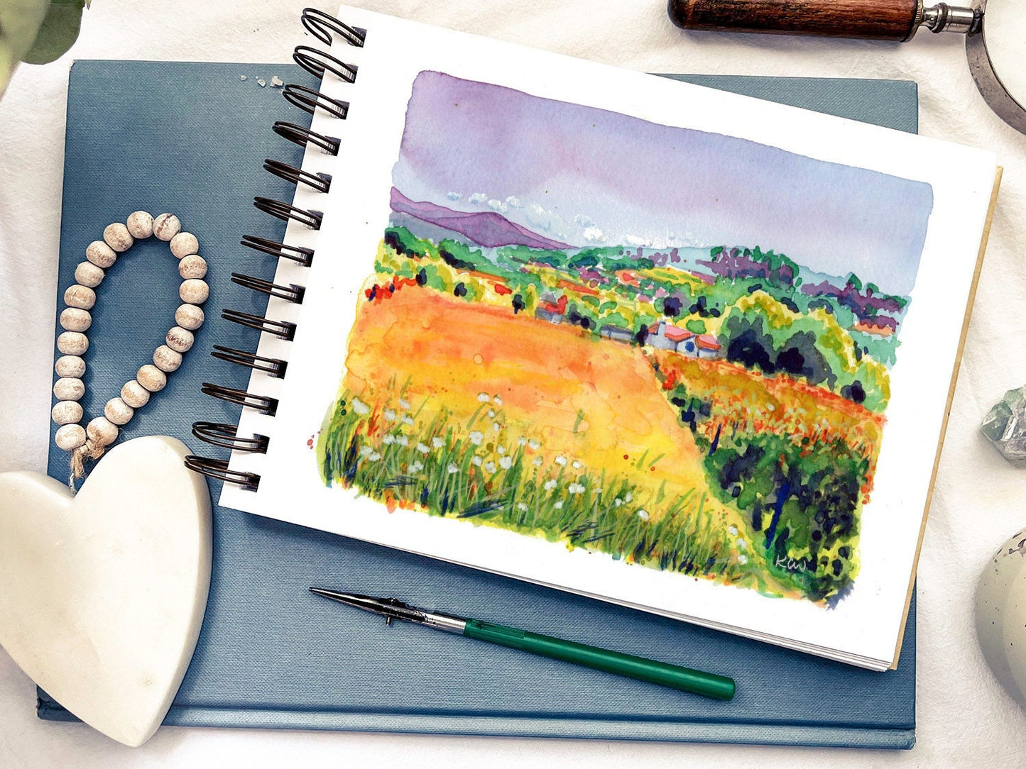 Soutomaior Spain watercolor print | Spanish countryside landscape painting | Camino hiking art | Yellow field farmland