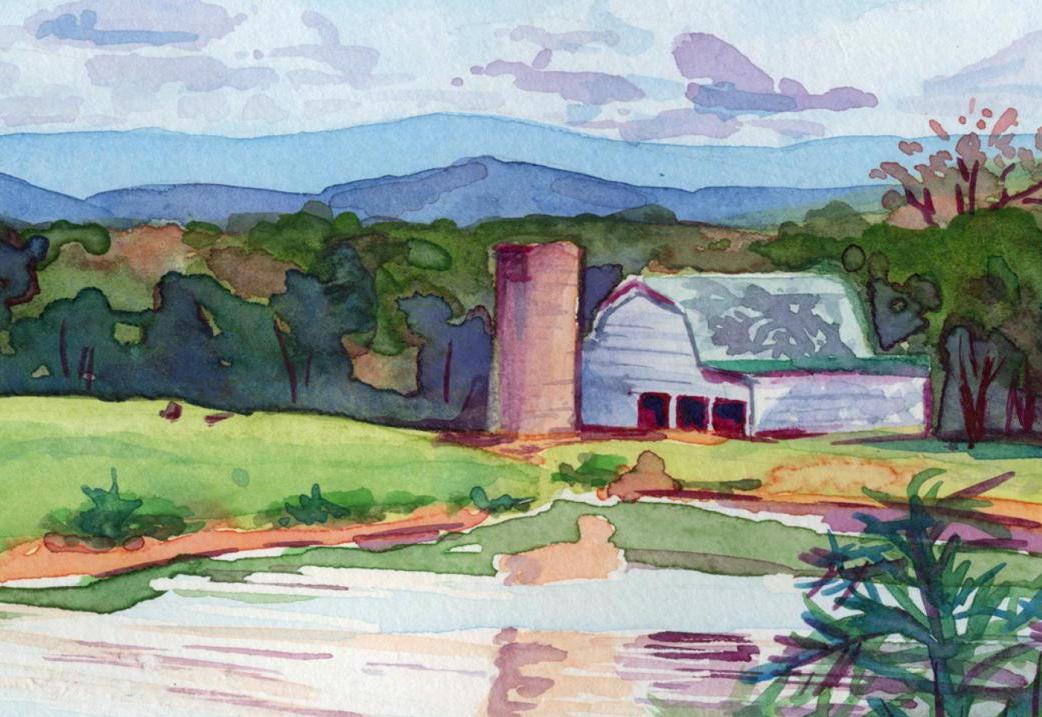 Tennessee farm painting | Lakeside landscape painting | Cheerful southern wall art