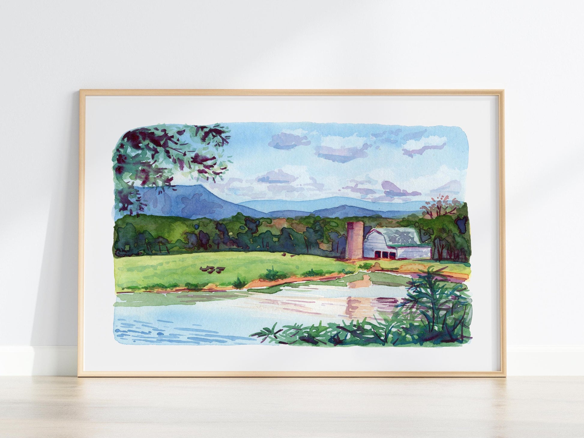 Tennessee farm painting | Lakeside landscape painting | Cheerful southern wall art