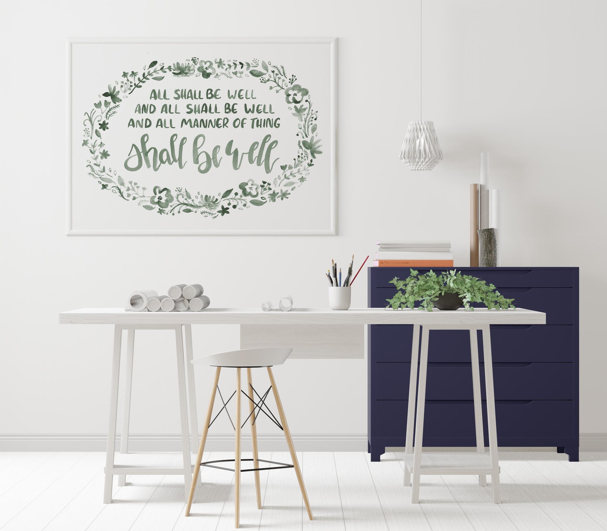 All Shall Be Well: Inspiring Enneagram 9/6 Gift | Handlettered Watercolor Print in Sage Green | Mindful Home Decor