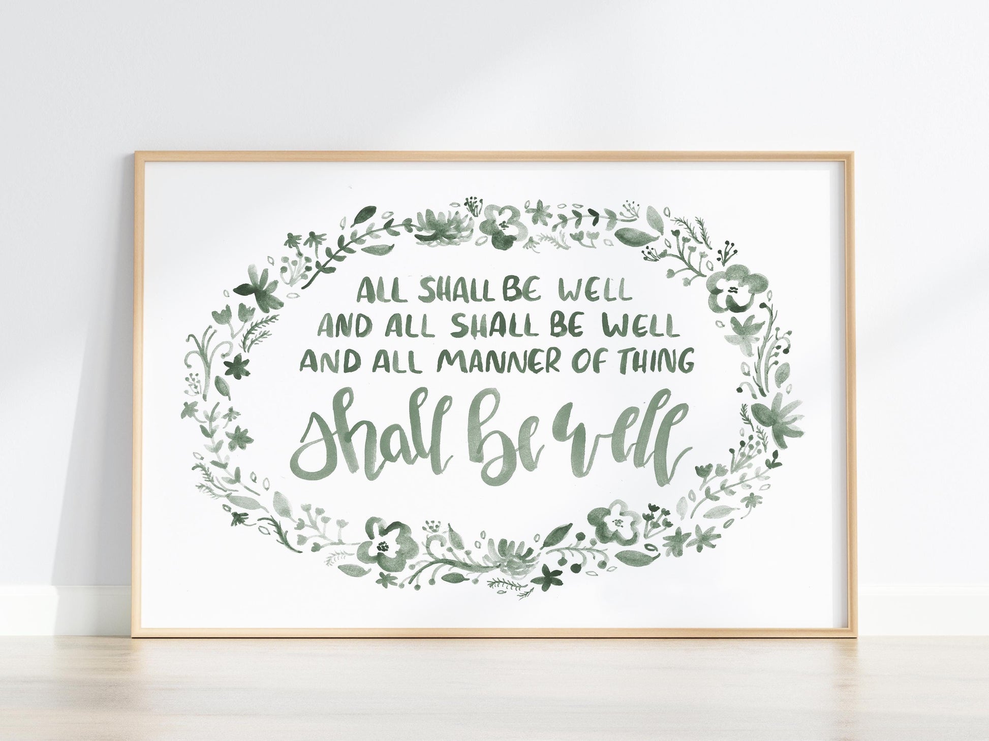 All Shall Be Well: Inspiring Enneagram 9/6 Gift | Handlettered Watercolor Print in Sage Green | Mindful Home Decor