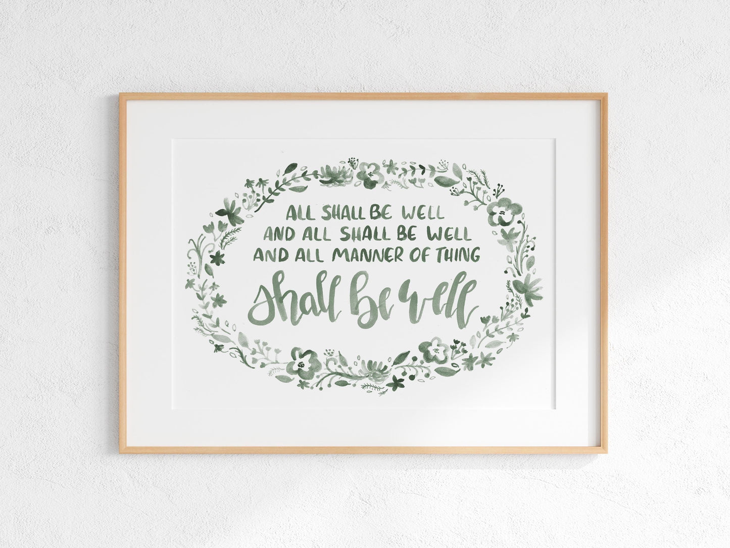 All Shall Be Well: Inspiring Enneagram 9/6 Gift | Handlettered Watercolor Print in Sage Green | Mindful Home Decor