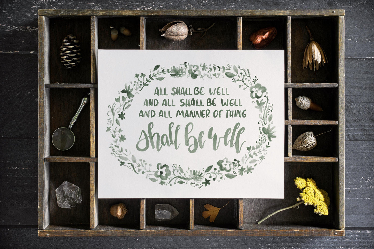 All Shall Be Well: Inspiring Enneagram 9/6 Gift | Handlettered Watercolor Print in Sage Green | Mindful Home Decor